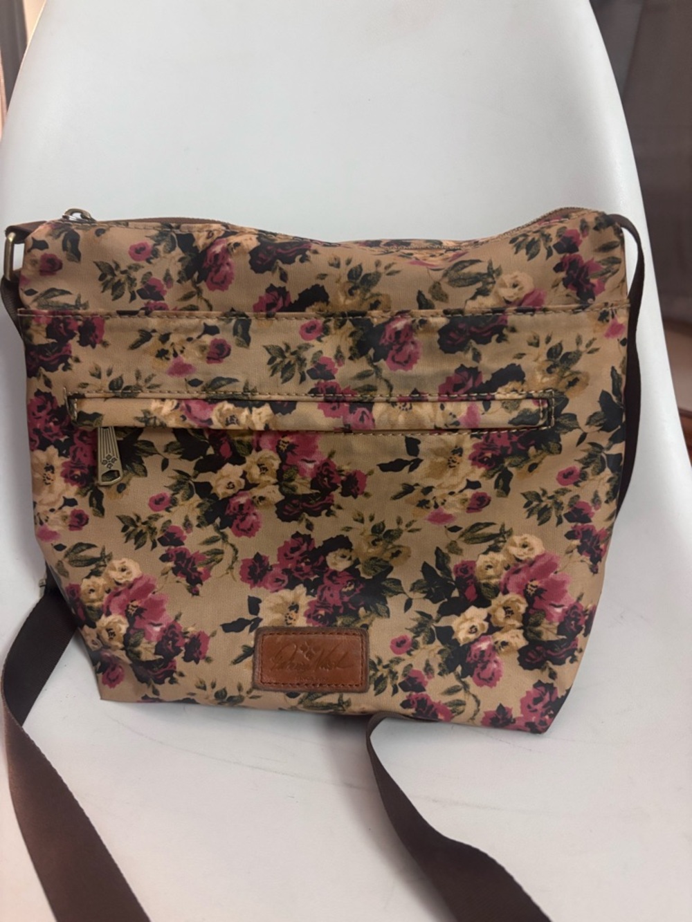 Patricia Nash Beige Floral Crossbody with Pink and Cream Roses